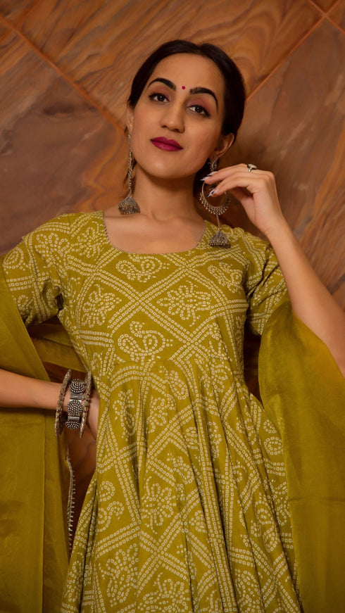 Pomcha Jaipur Bandhej Mehendi Green Cotton Anarkali Set